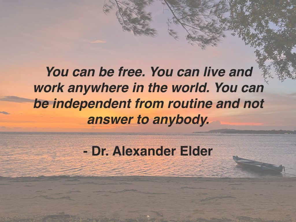 Photo of exotic beach sunset with trading quote from Dr Alexander Elder.